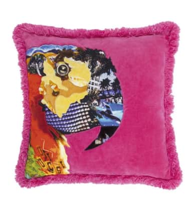 PINK KICKS: designer bright pink parrot cushion, from the Abigail Ahern Edition collection, currently £32, Debenhams.