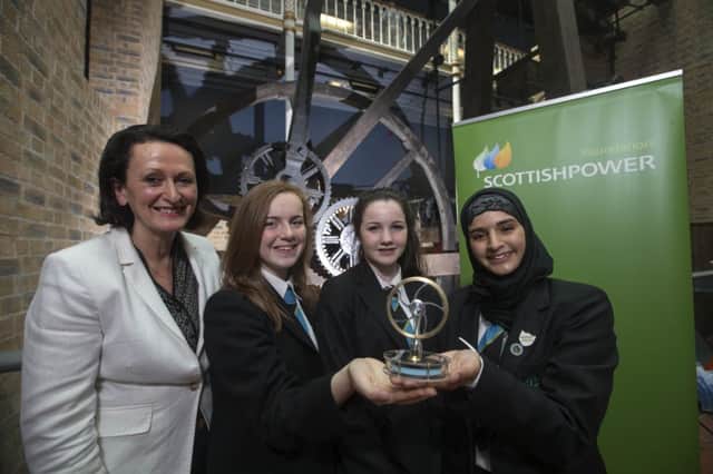 Williamwood HS's winning team with Ann Loughrey from ScottishPower Foundation.