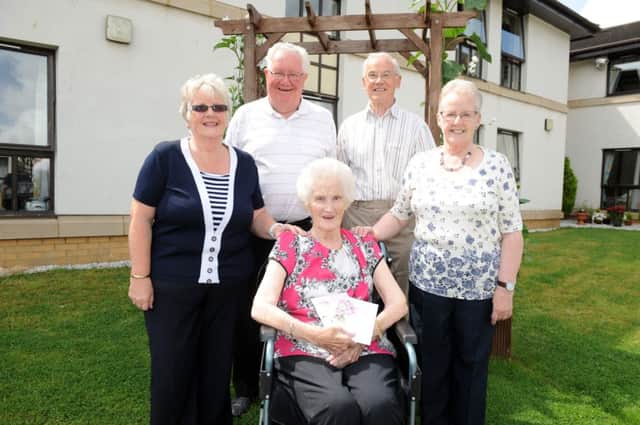 Peggie Russell with L/R Margaret Gavin - daughter, Iain Gavin - son in law, David Vicary - son in law, Ann Vicary - daughter.