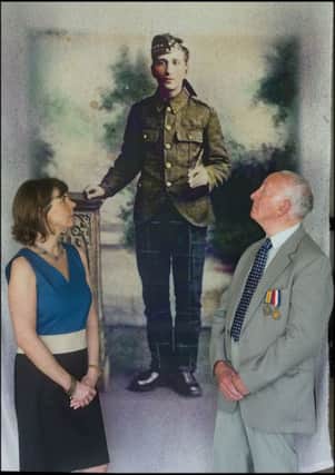 Scottish artist Margaret Moore with Alex McKinlay whose father Peter, pictured, served with The Gordon Highlanders, at the launch of her new video documentary, Still Sounds: The Great War.