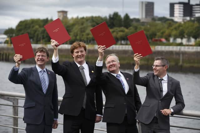 The City Deal. L to R : Greg Clark MP, Danny Alexander, Chief Sec to the Treasury, Gordon Matheson, Leader of GCC and Derek Mackay MSP.  Picture Robert Perry.