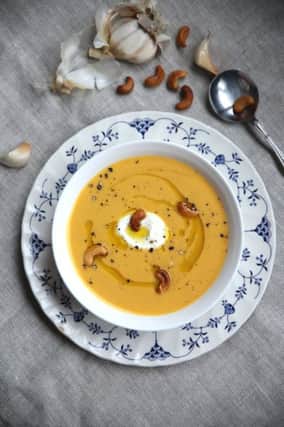 SWEET POTATO, CARROT AND CASHEW SOUP, featured in My Petite Kitchen Cookbook by Eleanor Ozich, published by Murdoch Books.
