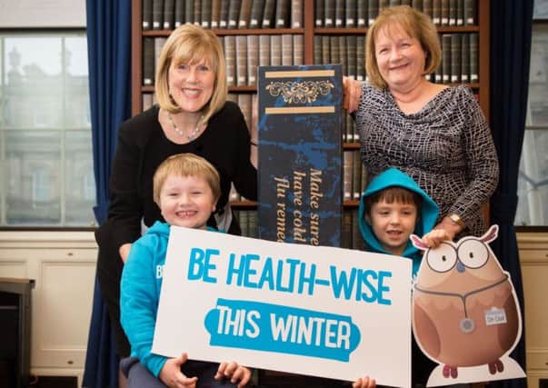 Be Health-Wise This Winter.
Minister for Public Health Maureen Watt was joined by schoolchildren Brodie Dawson (5) and Douglas Stewart (5) and NHS 24's Executive Nurse Director Sheena Wright to launch the national health campaign at the National Records of Scotland General Register House, Edinburgh.
More info from Amelia Whittaker 07816 179816