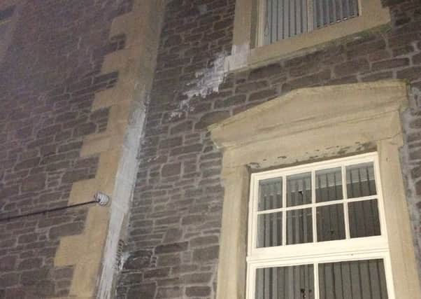 Paint bombed...vandalism at EBS building in Hope Street, Lanark.