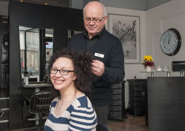 Growing nicely...Jen with hairdresser Peter of the Director's Box (Pic by Sarah Peters)