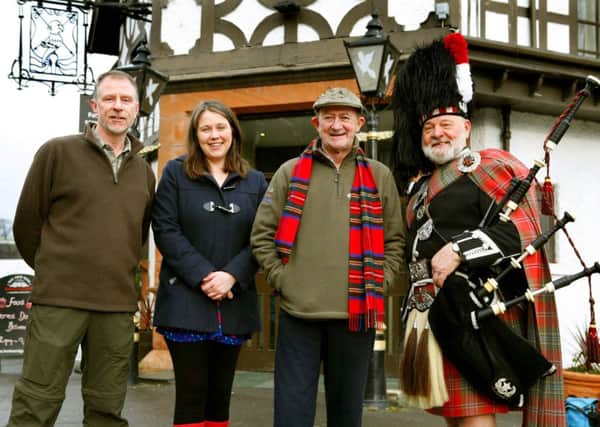 Season opening...Clyde angling chairman Fraser Simpson;  Aileen Campbell MSP;  Paul Young;  David Stark, Pipe Major. (Pic by Jim Clare)