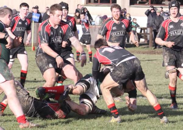 Biggar Rugby Club v GHA Feb 2015. Biggar halt a GHA attack (Pic by Nigel Pacey)