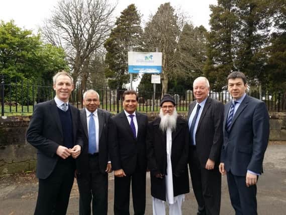 Above: Muhammad Rashid and Haji Rafique Choudhry (WEC) and Maqbul Rasul of the Glasgow Central Mosque with ERC leader Jim Fletcher, Jim Murphy MP and Ken Macintosh MSP. Below: WEC and GCM representatives. Bottom: a map of the new cemetery area.