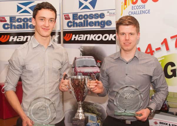 17 year old Andy Struthers from Libberton (left) alongside his navigator Andrew Falconer of Inverness with their awards.

17 year old Andy, a pupil at Biggar High school has had a superb 2014 rally championship.  Andy competed in the Scottish J1000 Brick and Steel Junior Rally Championship. The championship saw the young drivers  rallying their 1 litres MSA spec rally cars in eight rallies ranging from Crail, on the Scottish East Coast to Anglesey in Wales.
Andy finished the year in second place overall and also won the Pearsons of Dunn Micra Challenge Cup for the fastest Micra driver in the championship.
Andy received his trophy and cup at the Scottish Rally Championship Awards and dinner dance at the Glasgow Marriott Hotel.  Andy's navigator Andrew Falconer won the navigator's championship.

If you wish further information contact Drew Struthers on 07711553791