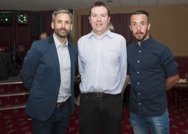 Stars and compere...Keith Lasley and Dougie Imrie with Gazette reporter Craig Goldthorp
