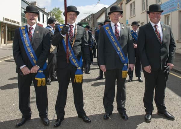 Ready to lead the Marches...2014 Lord Cornet David Murdoch (second from left) with his supporters and the 2015 Lord Cornet-elect Gordon Gray (right) Pic by Sarah Peters