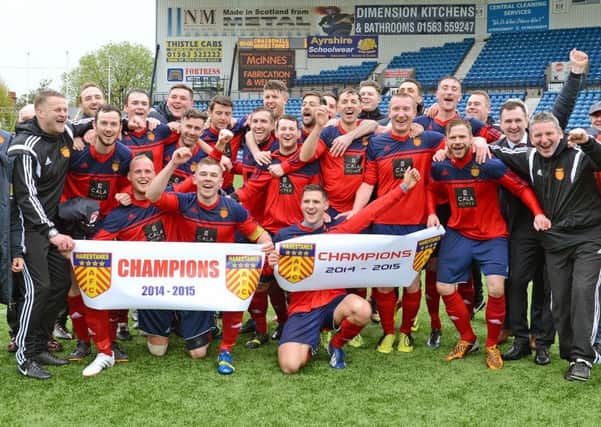 Harestanes celebrate after lifting the Scottish Amateur Cup at Rugby Park in May.