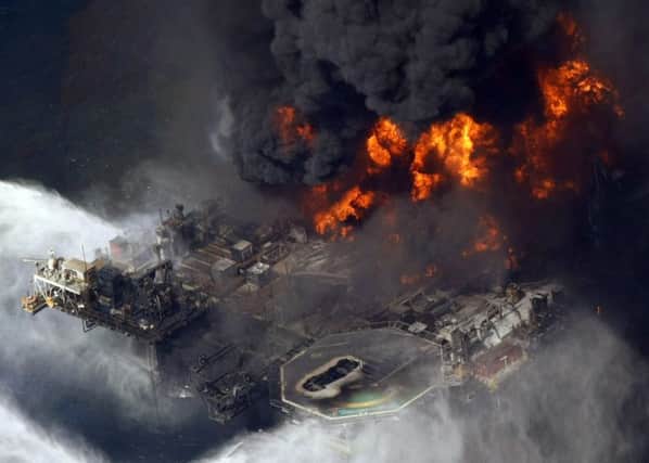 An aerial view of the Deepwater Horizon oil rig seen burning in the Gulf of Mexico more than 50 miles southeast of Venice on Louisiana's tip.