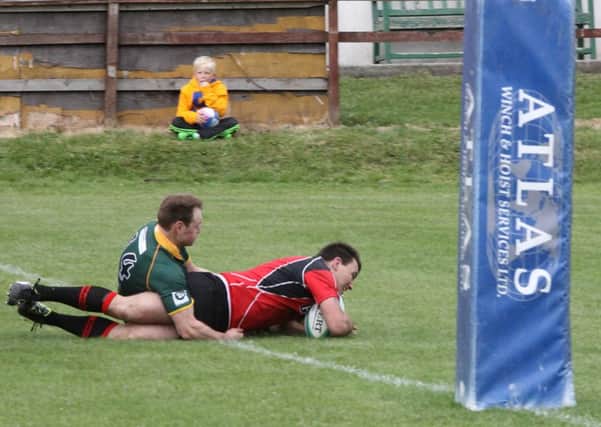 Biggar Rugby Club's Douglas Notman scores the team's only try in a 14-12 BT National League Division 2 home win over Cartha Queens Park on Saturday, September 19. (Pic by Nigel Pacey)