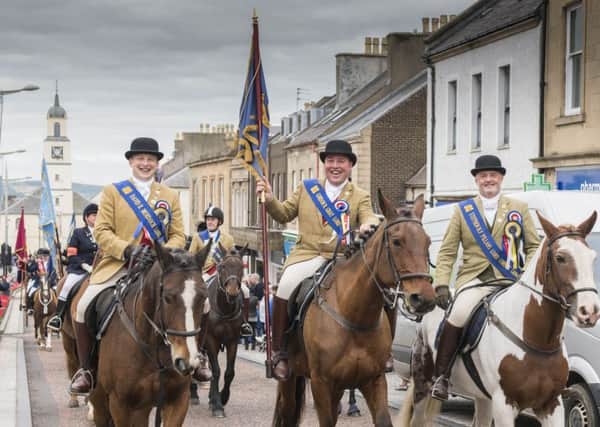 Lord Cornet Gordon Gray leads over 130 horsemen and women on the Royal Burgh of Lanark's 875th anniversary Ride Out. ( Picture Sarah Peters)