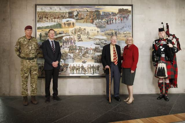 Presiding Officer Tricia Marwick MSP (2nd R) is joined by Lieutenant General James I Bashall CBE (left); Corporal Charlie MacLean,  Piper from the Royal Highland Fusiliers (R); David Rowlands ,The artist (2nd L) and Veteran Major Tom Conway (Centre) Major Conway is a World War Two veteran who served at El Alamein.? (El Alamein is featured in the painting) to unveil the painting "Service" which has been commissioned by the Army in Scotland. The painting, by military artist David Rowlands, highlights the relationship between the Army and Scottish society over the past 100 years. 
The Presiding Officer is featured in the artwork. She is pictured at the Drumhead Service march past which took place in 2014. 07 October 2015.  Pic - Andrew Cowan/Scottish Parliament
Presiding Officer Tricia Marwick MSP (2nd R) is joined by Lieutenant General James I Bashall CBE (left); Corporal Charlie MacLean,  Piper from the Royal Highland Fusiliers (R); David Rowlands ,The artist (2nd L) and Veteran Major Tom Conway (Centre) Major