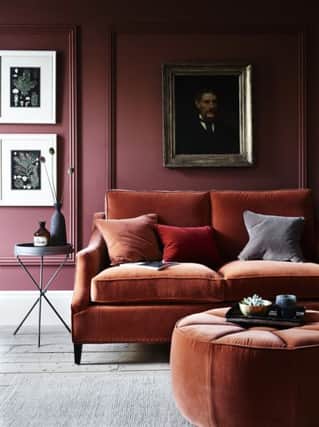 Eva Sofa in Fox, from 1,975, Pouffe upholstered in Fox, 40 per metre, selection of cushions in Dark Rye and Fox, 55 each, all available from Neptune.com.