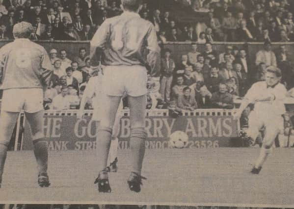 Robert Irving strikes a free-kick towards goal in the 1990 Scottish Junior Cup Final which Gow lost 1-0 to Hill of Beath