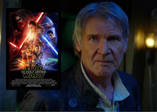 The new poster for Star Wars: The Force Awakens, and a still from from the film of Harrison Ford as Han solo. Images: Star Wars/YouTube/PA Wire