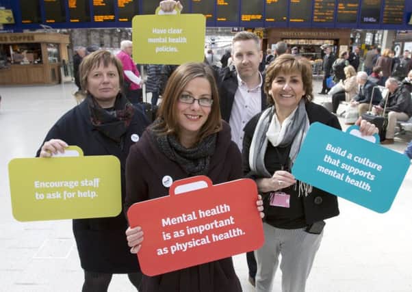 See Me, the programme to end Mental Health discrimination in workplaces today launched new figures at Central Station in association with Network Rail.   ( l-r) Judith Robertson , Director See Me Scotland; Leanne McKillop, See Me Volunteer; David Lewis , Lewis Creative Consultants; Lisa Cohen, See Me Programme Manager. See Me  Pic : Marc Turner / PFM