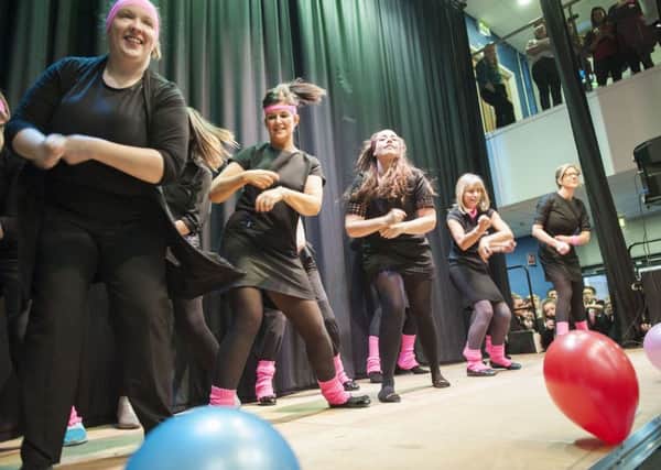 13-11-2015 Lanark Grammar Charity Week. various events throughout the week, this being the final event, where teachers took part in various challenges. They have raised over £1500 for Young Minds. Picture Sarah Peters.
