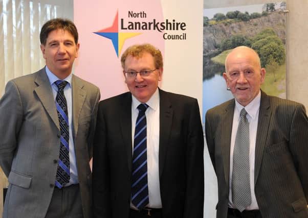 Scottish Secretary David Mundell (centre) with North Lanarkshire Council chief executive Paul Jukes (left) and leader Jim McCabe.