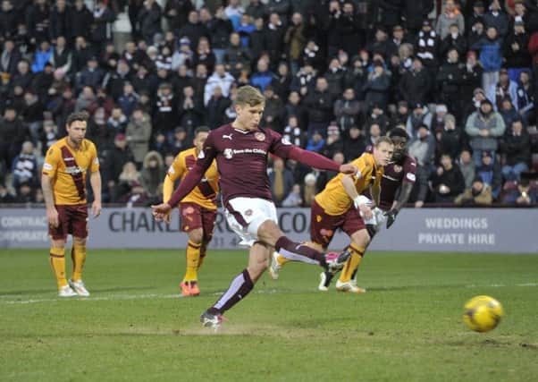 Hearts' Gavin Reilly scores from the penalty spot  (Pic by Ian Rutherford)