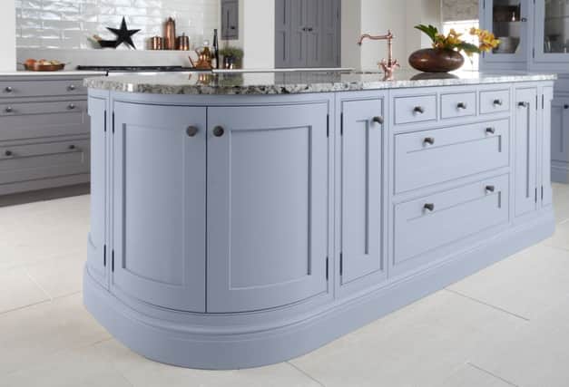 Langton kitchen, painted in Serenity by Pantone, from 12,000, available from Burbidge Kitchens.