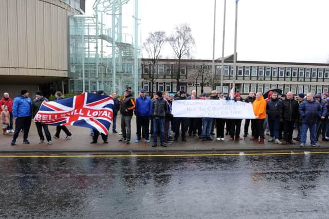 Flag protestors make their point at Motherwell Civic Centre.