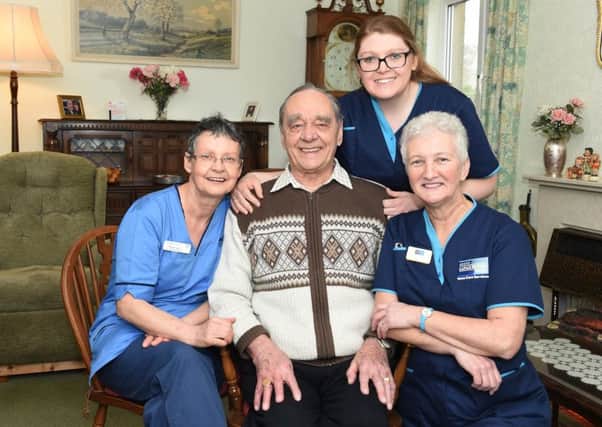 Allan Snowden (90) with members of the Integrated Community Support Team  Sandie Taylor District Nursing Sister and Becci Pearce and Mary Logan, Home Carers.