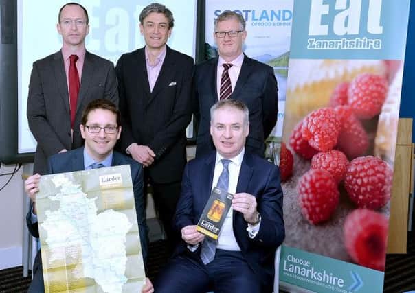 At the launch of the Lanarkshire Larder Food Map are:  back row (l-r) Michael McGlynn (executive director of Community and Enterprise Resources at South Lanarkshire Council), Donald Reid (food and drink editor at The List magazine), Ken Wilson (executive director of regeneration and environmental services at North Lanarkshire Council), front row (l-r) James Withers (chief executive of Scotland Food and Drink) and Richard Lochhead MSP (cabinet secretary for Rural Affairs, Food and Environment).
