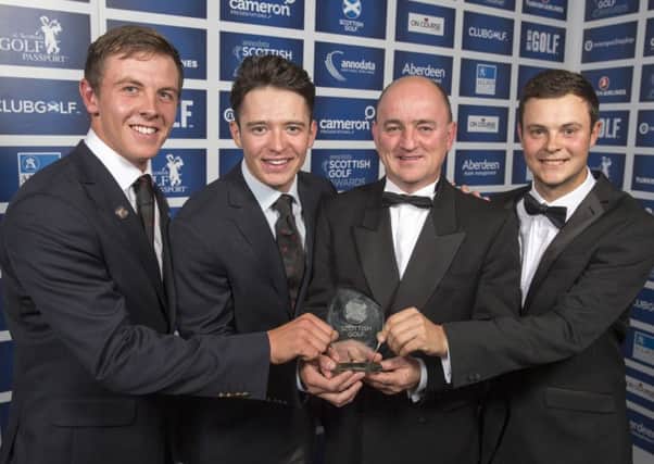 Euan Ferguson (second left) with fellow winning team members Jack McDonald and Grant Forrest and Walker Cup captain Nigel Edwards at the Scottish Golf Awards (pic courtesy of Kenny Smith/Kevin Kirk)