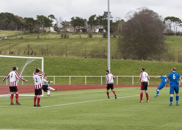 Ian Watt shoots Rovers into the lead against Larkhall (Pic by Sarah Peters)