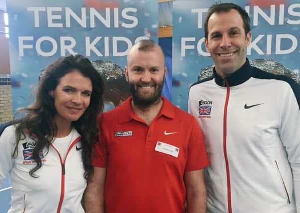 Westerton Tennis Club head coach Alasdair Davie with Annabel Croft and Greg Rusedski