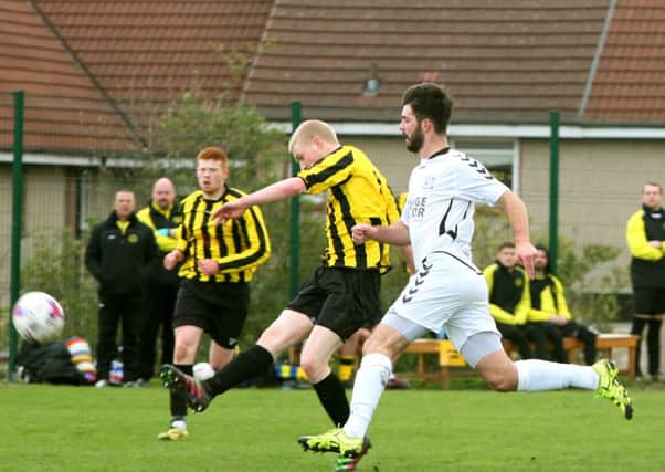 Bellshill Athletic effort at goal during the 1-0 home league win over Maybole (Pic by Jim Clare)