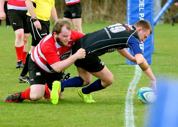 A Dalziel try during the 95-3 home league win over Orkney on Saturday (Pic by Jim Clare)