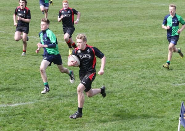 Rory Wesencraft scores Biggar under-16s' third try during their win in the Edinburgh & District Cup, April 2016 (Pic by Nigel Pacey)