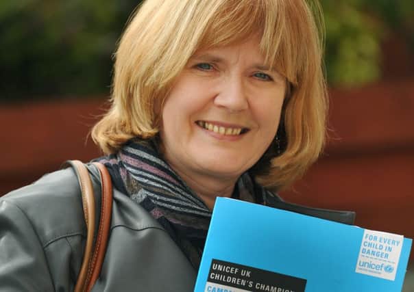 14-04-2016 Picture Roberto Cavieres. Janice Mckenzie UNICEF ambassador with campaign folder for "safe schools" in war zones. She is from Milngavie