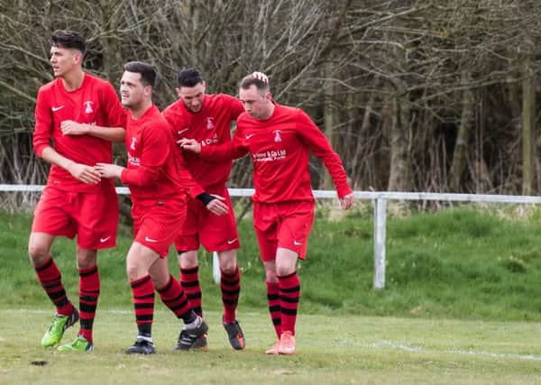 Forth players celebrate scoring a goal during the Benburb thrashing (Pic by Sarah Peters)