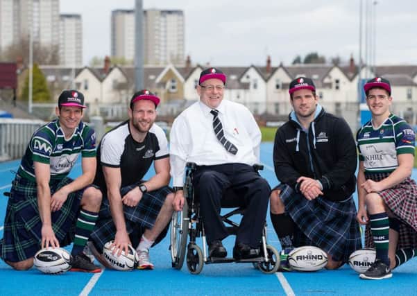 Left to right: Danny Hoffman (GHK), James Eddie (Glasgow Warriors), Glasgow Warriors Partnership Account Manager  Jim Taylor, Fraser Brown (Glasgow Warriors) and Daniel Campbell (GHK).