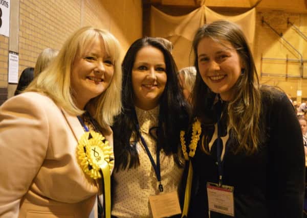 Re-elected MSP Aileen Campbell (right) at the election count with Westminster SNP colleagues Angela Crawley and Christina McKelvie