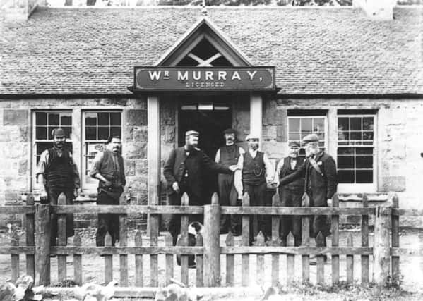 First official postal delivery at Auchengray Inn, about 1890, with the postman on the right,, Adam Letham in middle, and Walter Murray next to him .