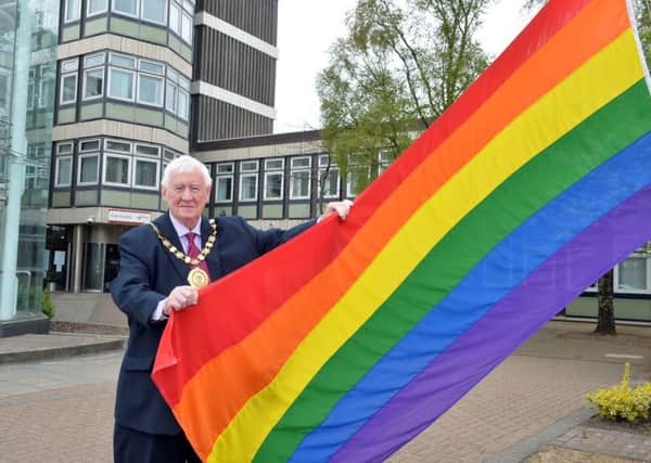 North Lanarkshire provost Jim Robertson flies the rainbow flag