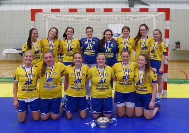 Trysts cup winning womens side celebrate their success in the Scottish Cup Final at Ravenscraig.