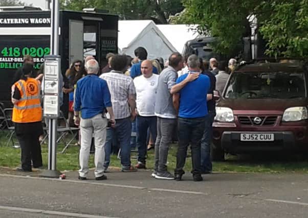 Danny Boyle (grey shirt) popped out to talk to crew members