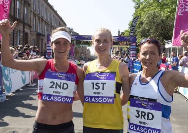 Great Run Womens 10K race medalists Sarah Benson (second), Gemma Rankin of Kilbarchan AC (winner) and Lesley Chisholm of Garscube (third)