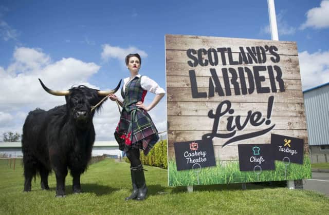 Model Victoria Middleton with Shona, the Highland cow, launch Scotland's Larder Live