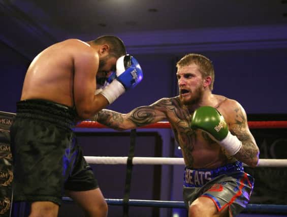 22/04/16 Picture James Clare. GLASGOW. Crowne Plaza Hotel. MGM boxing show. Stevie Beattie wins his second pro fight.