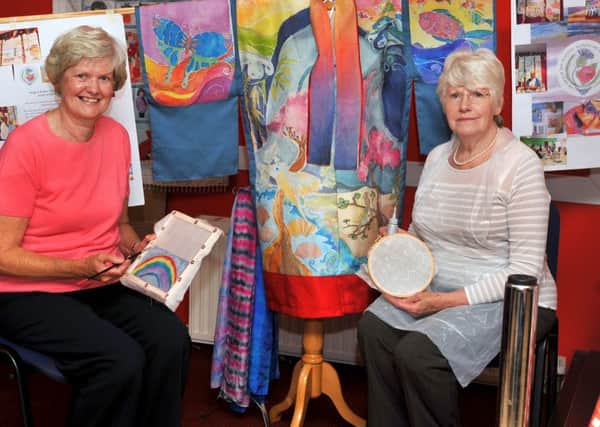 Fraser Centre craft drop-in for adults and kids as part of Milngavie Week, Jean McKenzie and Hazel Rodgers, Silk Painting