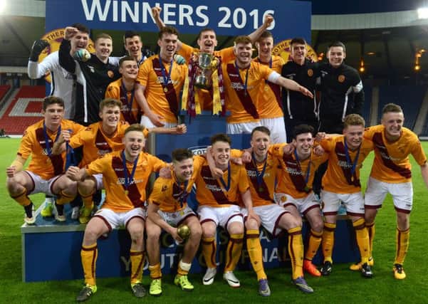 Motherwell under-20s celebrate after winning the Scottish Youth Cup final for the first time in the club's history with a 5-2 success over Hearts at Hampden on April 27, 2016 (Pic by Alan Watson)